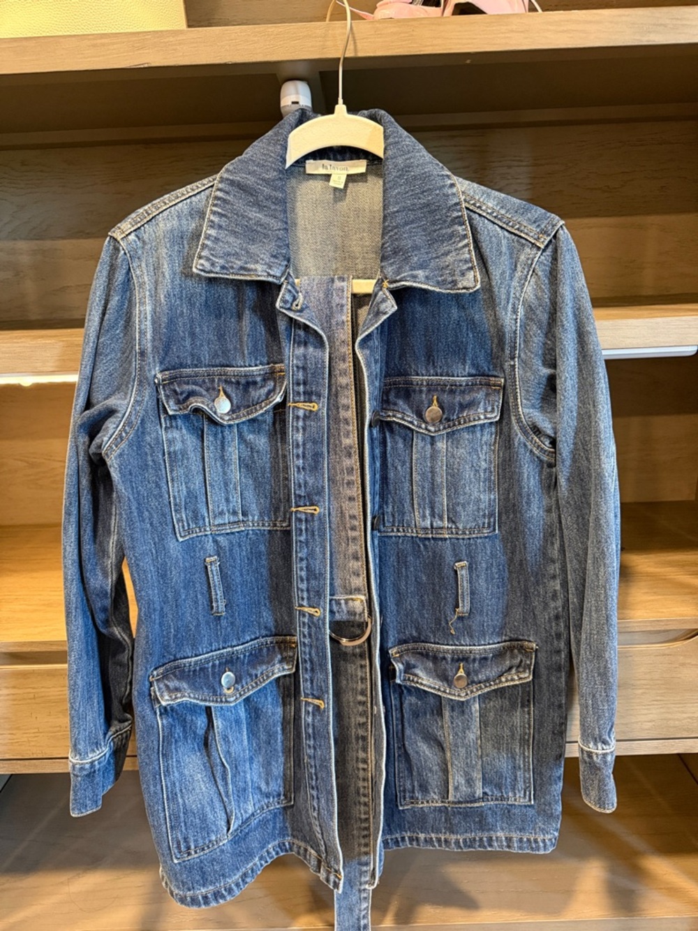 Longline Denim Jacket in Medium Blue - Lalavon